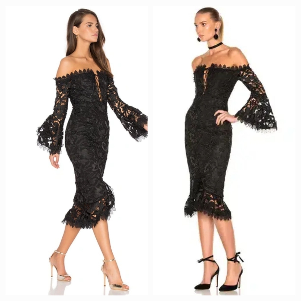 NICHOLAS Botanical Off-the-Shoulder Lace Cocktail Dress